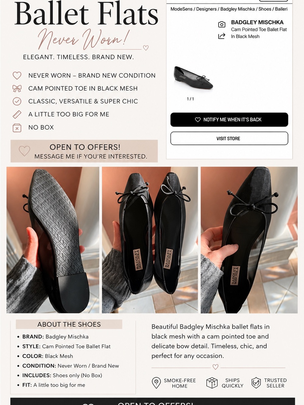 Badgley Mischka Black Mesh Pointed Toe Ballet Flats with Bow